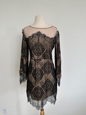 For Love and Lemons Black Eyelash Lace Overlay Sheath Dress With Zipper Closure